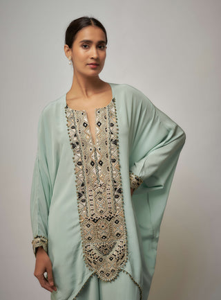 Seafoam embroidered yoke kaftan with pant