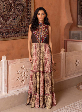 Mirror embroidered tiered maxi