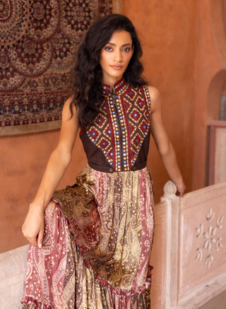 Mirror embroidered tiered maxi