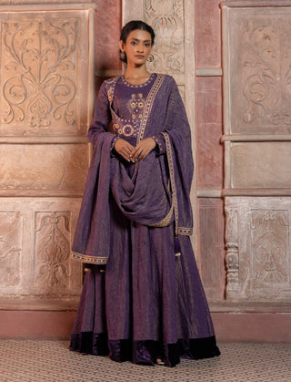 Deep purple raw silk paisley anarkali set