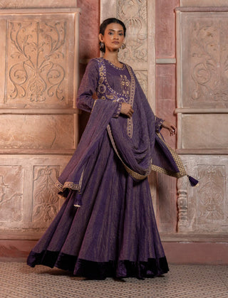Deep purple raw silk paisley anarkali set