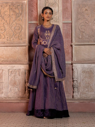 Deep purple raw silk paisley anarkali set