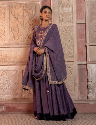 Deep purple raw silk paisley anarkali set