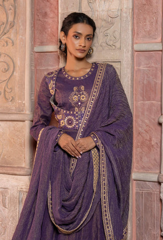 Deep purple raw silk paisley anarkali set