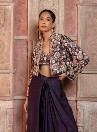 Deep purple paisley crop jacket and pant set