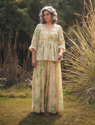 Pistachio green and ivory peplum and palazzo set