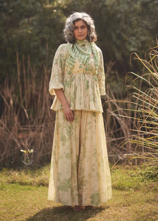 Pistachio green and ivory peplum and palazzo set