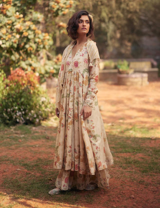 Ivory floral angrakha anarkali and skirt set