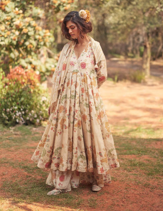Ivory floral angrakha anarkali and skirt set