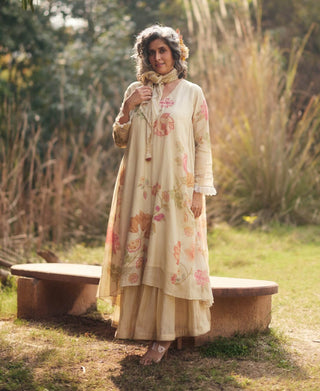 Ivory malai chanderi printed kurta and skirt set