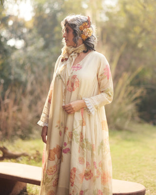 Ivory malai chanderi printed kurta and skirt set