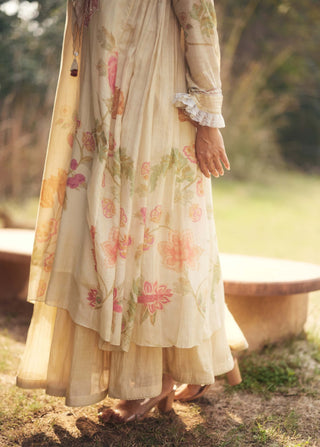 Ivory malai chanderi printed kurta and skirt set