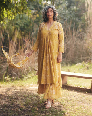Golden yellow printed kurta and skirt set