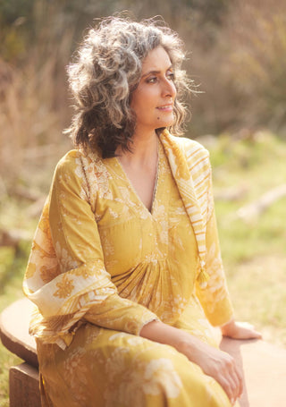 Golden yellow printed kurta and skirt set