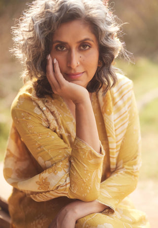 Golden yellow printed kurta and skirt set