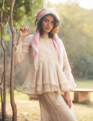 Ivory Peplum Jacket And Palazzo Set by Paulmi & Harsh available on Indiaspopup.com