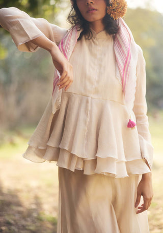 Ivory Peplum Jacket And Palazzo Set by Paulmi & Harsh available on Indiaspopup.com