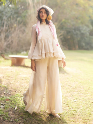 Ivory Peplum Jacket And Palazzo Set by Paulmi & Harsh available on Indiaspopup.com