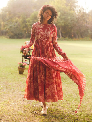Crimson red anarkali and dupatta