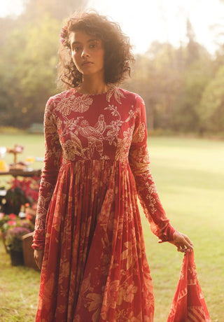 Crimson red anarkali and dupatta