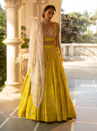 Lime Yellow Jacquard Lehenga Set by Paulmi & Harsh available on Indiaspopup.com