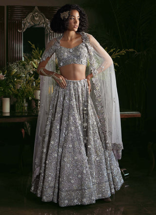 Kisneel By Pam Mehta-Lavender Organza Embroidered Lehenga Set-INDIASPOPUP.COM