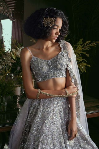 Kisneel By Pam Mehta-Lavender Organza Embroidered Lehenga Set-INDIASPOPUP.COM