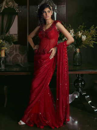 Kisneel By Pam Mehta-Red Corset Sari And Blouse-INDIASPOPUP.COM