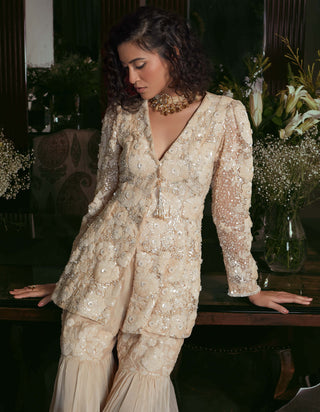 Kisneel By Pam Mehta-Ivory Embroidered Jacket With Gharara-INDIASPOPUP.COM