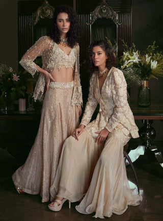 Kisneel By Pam Mehta-Ivory Embroidered Jacket With Gharara-INDIASPOPUP.COM