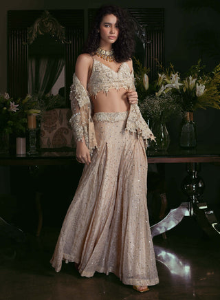 Kisneel By Pam Mehta-Champagne Organza Pants And Jacket Set-INDIASPOPUP.COM