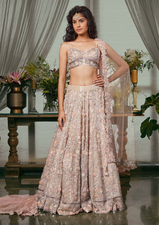 Kisneel By Pam Mehta-Blush Peach Organza Embroidered Lehenga Set-INDIASPOPUP.COM