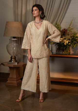 Kisneel By Pam Mehta-Champagne Embellished Kurta And Pants-INDIASPOPUP.COM