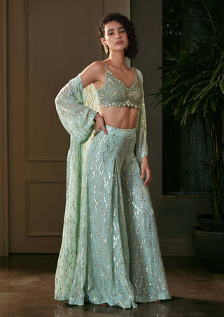 Kisneel By Pam Mehta-Blue Lurex Pants And Cape Set-INDIASPOPUP.COM