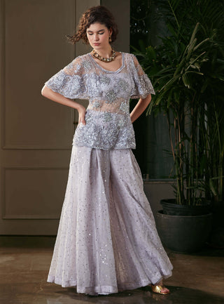 Kisneel By Pam Mehta-Gray Embellished Peplum Top With Gharara-INDIASPOPUP.COM