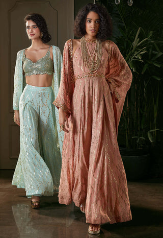 Kisneel By Pam Mehta-Peach Lurex Jumpsuit And Jacket-INDIASPOPUP.COM