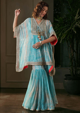 Kisneel By Pam Mehta-Aqua Kaftan With Gharara-INDIASPOPUP.COM