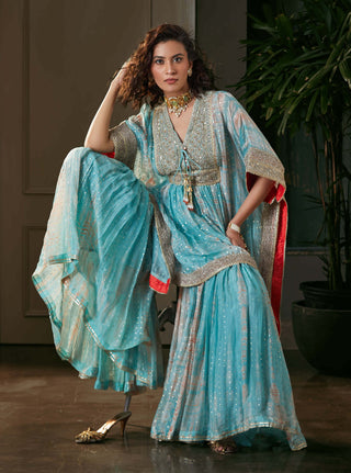 Kisneel By Pam Mehta-Aqua Kaftan With Gharara-INDIASPOPUP.COM