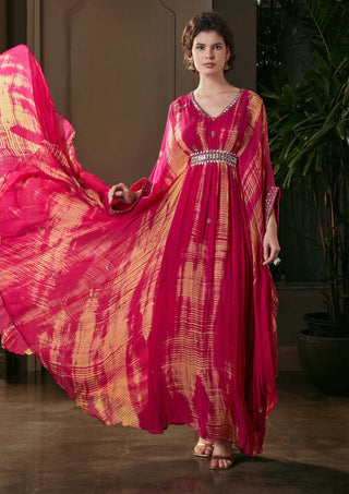 Kisneel By Pam Mehta-Fuchsia Pink Chiffon Kaftan With Pants-INDIASPOPUP.COM