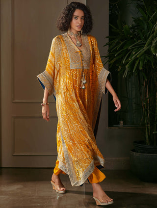 Kisneel By Pam Mehta-Yellow Printed Kaftan And Pants-INDIASPOPUP.COM