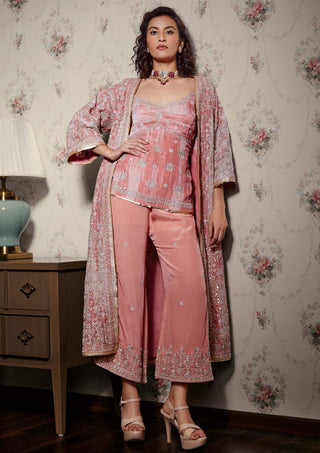 Kisneel By Pam Mehta-Pink Embellished Jacket And Pant Set-INDIASPOPUP.COM