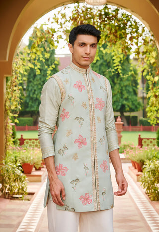 Sehaj pale green sleeveless sherwani set