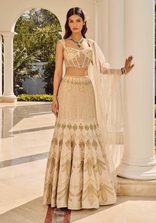 Dusty Ivory Mesh Lehenga Set by Parul Gandhi available on Indiaspopup.com