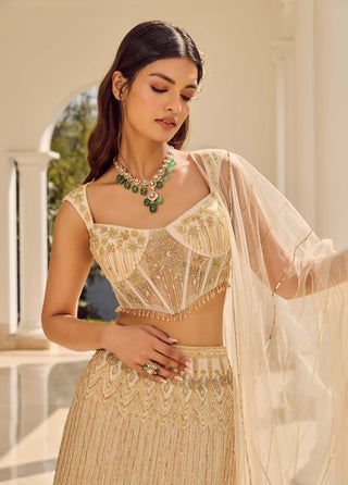Dusty Ivory Mesh Lehenga Set by Parul Gandhi available on Indiaspopup.com