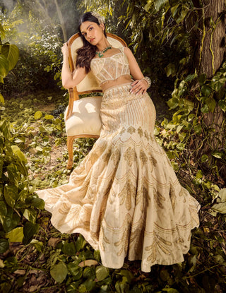 Dusty Ivory Mesh Lehenga Set by Parul Gandhi available on Indiaspopup.com