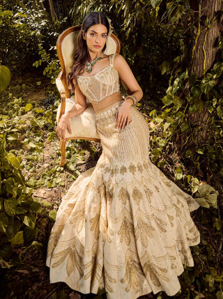 Dusty Ivory Mesh Lehenga Set by Parul Gandhi available on Indiaspopup.com