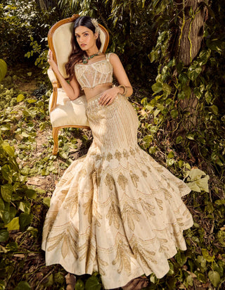 Dusty Ivory Mesh Lehenga Set by Parul Gandhi available on Indiaspopup.com