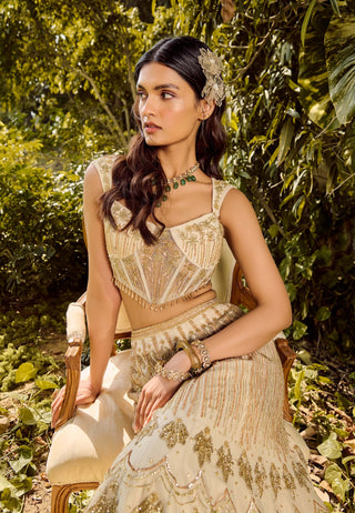 Dusty Ivory Mesh Lehenga Set by Parul Gandhi available on Indiaspopup.com