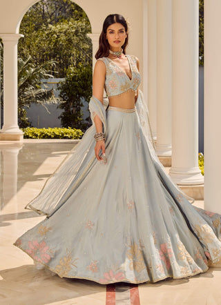 Misty Azure Powder Blue Lehenga Set by Parul Gandhi available on Indiaspopup.com