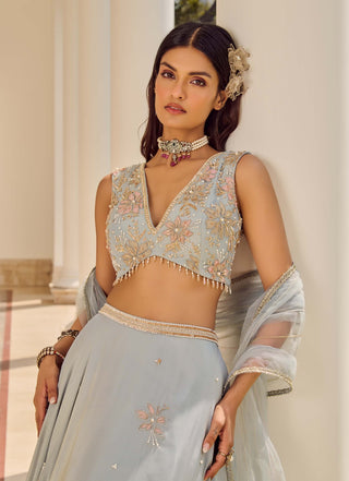 Misty Azure Powder Blue Lehenga Set by Parul Gandhi available on Indiaspopup.com